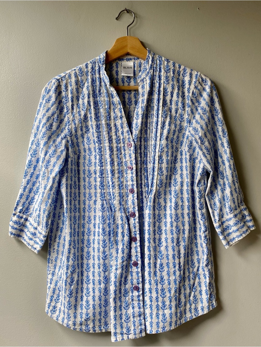 Blair White and Blue Leaf-Print Button Front Blouse
